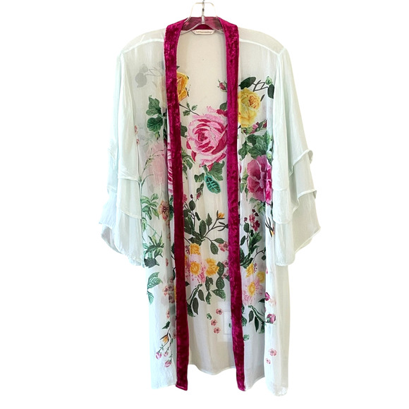 SOFT SURROUNDINGS Size Large Sheer Green Pink Floral Embroidered Open Duster - Picture 1 of 9